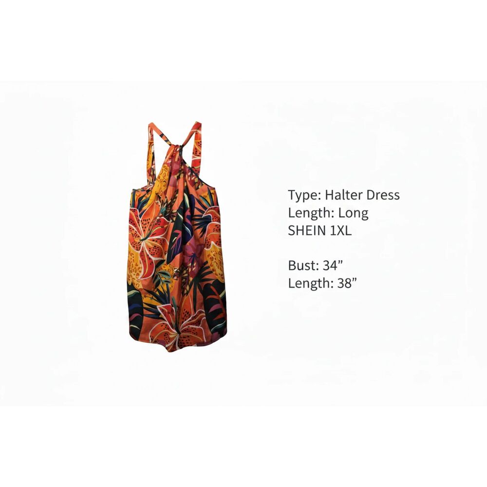 SHEIN Tropical Floral Halter Dress Size 1XL Orange Green Summer -- ITEM #2462